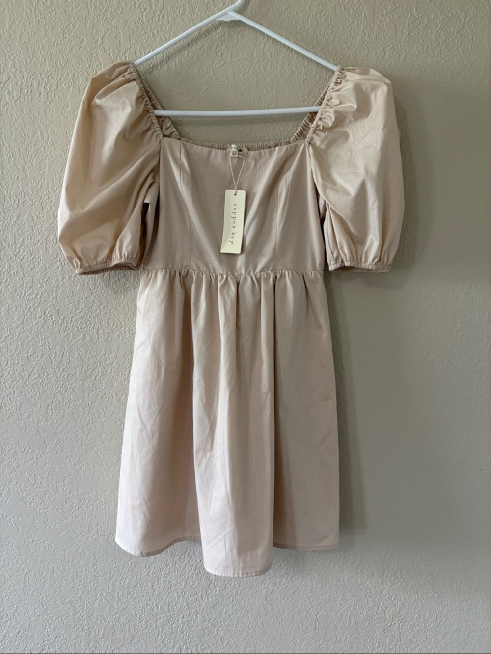 Short Puff-Sleeve Smocked Square Neck Mini Dress in Light Beige